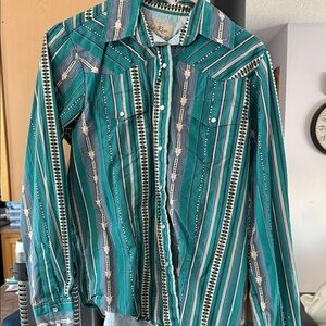 Striped Green Button-Up Western Shirt